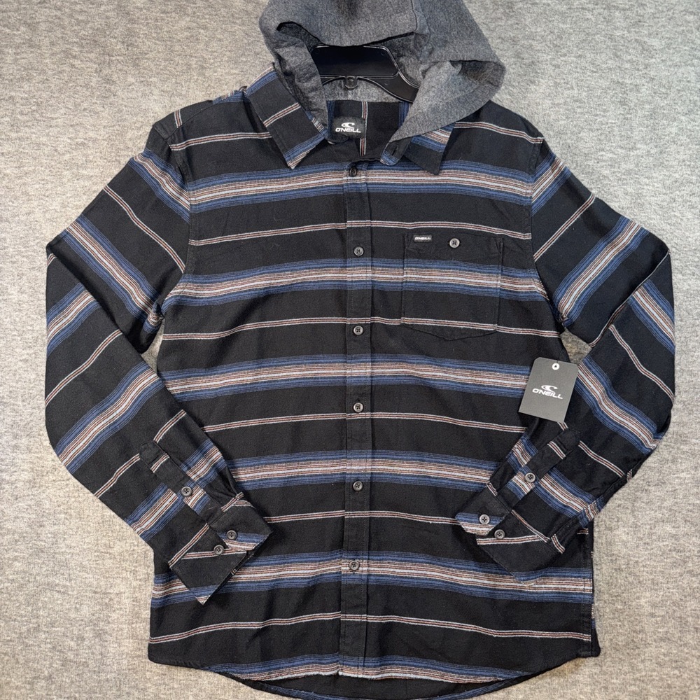 O'Neill Mens Redmond Hooded Flannel Shirt Black Blue Horizontal‎ Stripe Sz L NEW